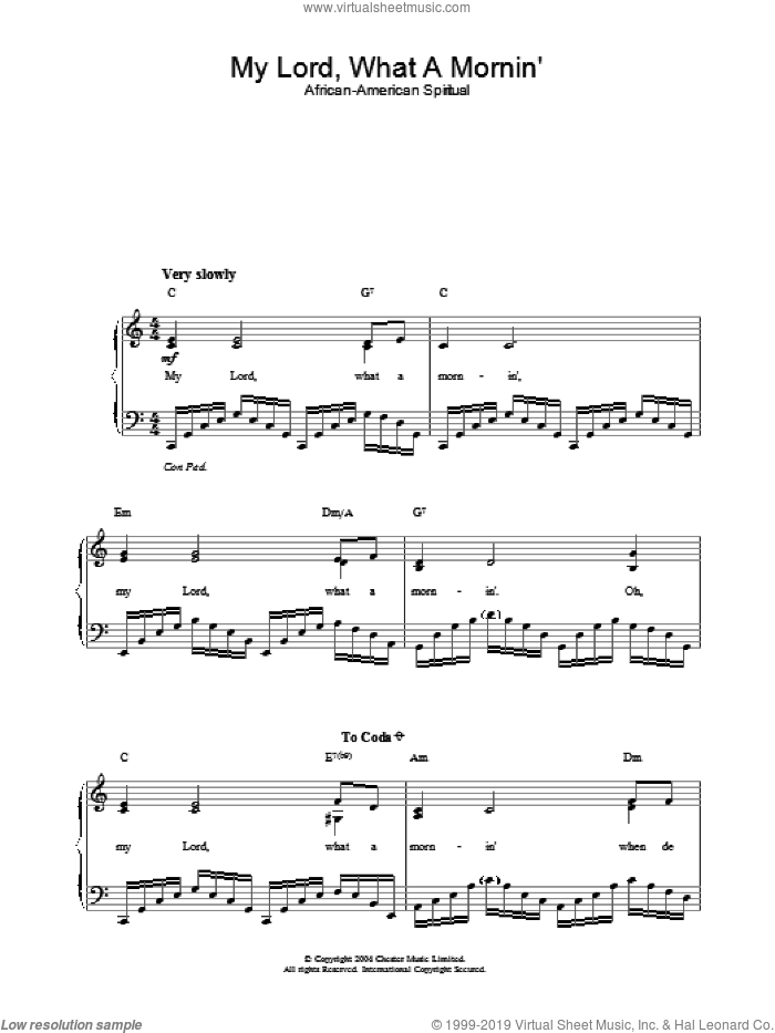 My Lord, What A Mornin' sheet music for piano solo, easy skill level