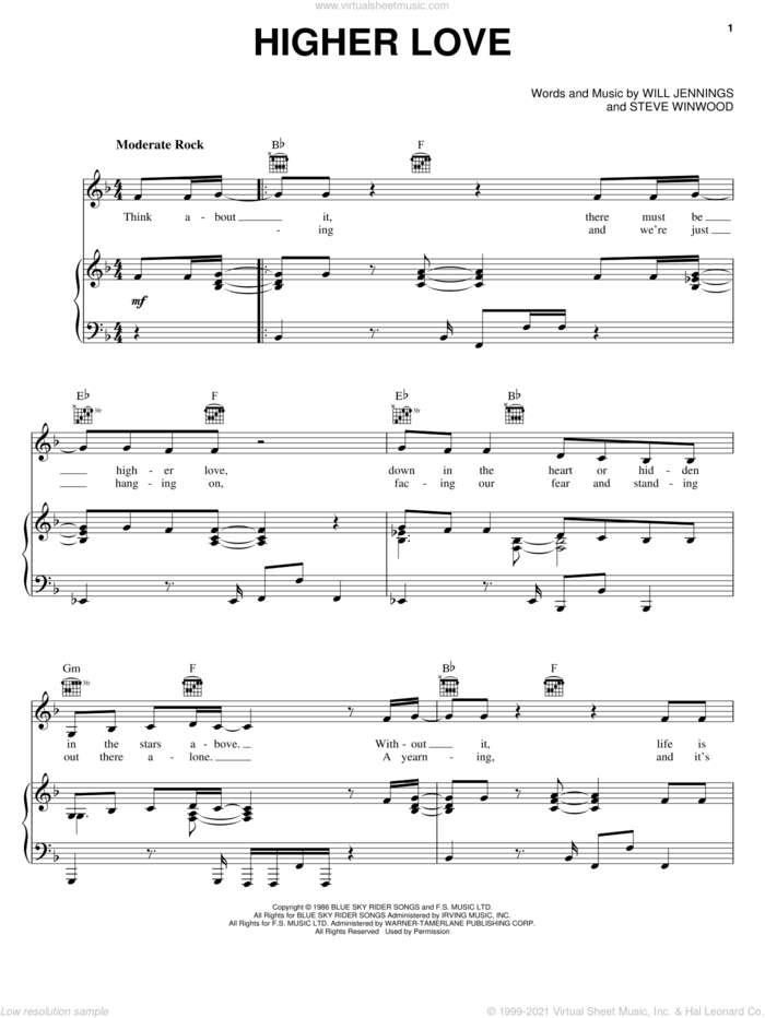 Higher Love sheet music for voice, piano or guitar by Steve Winwood and Will Jennings, intermediate skill level