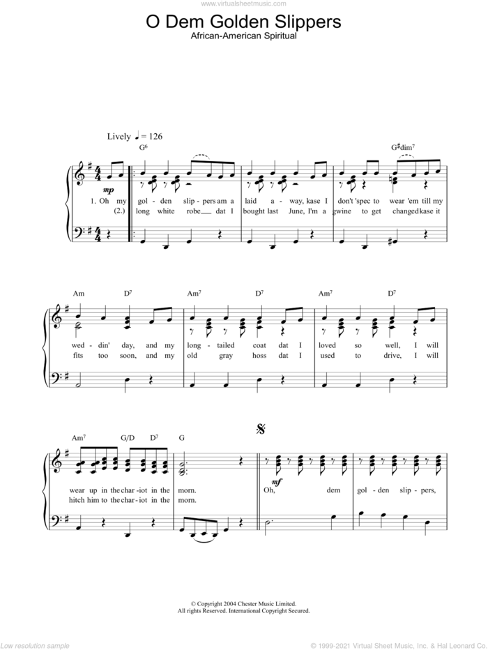 O Dem Golden Slippers sheet music for piano solo, easy skill level