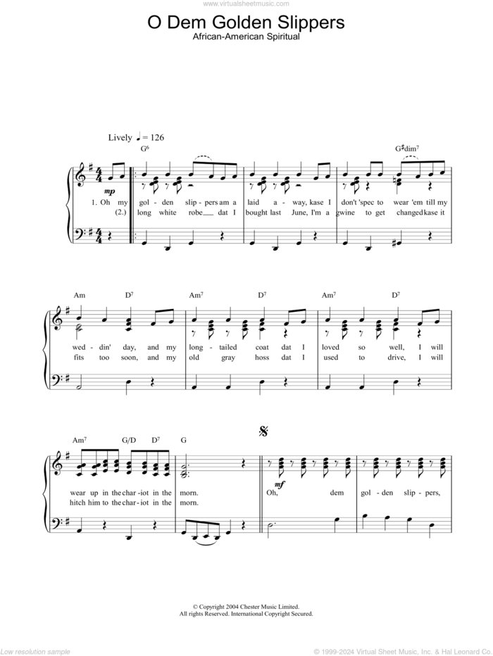 O Dem Golden Slippers sheet music for piano solo, easy skill level