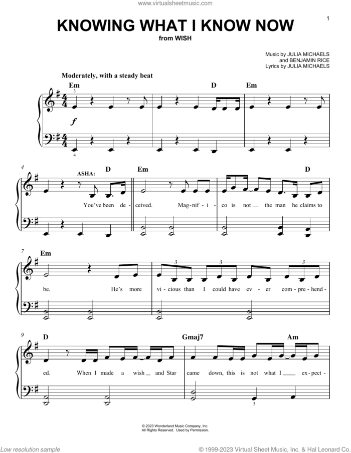 Knowing What I Know Now (from Wish) sheet music for piano solo by Ariana DeBose, Angelique Cabral and The Cast Of Wish, Benjamin Rice and Julia Michaels, easy skill level