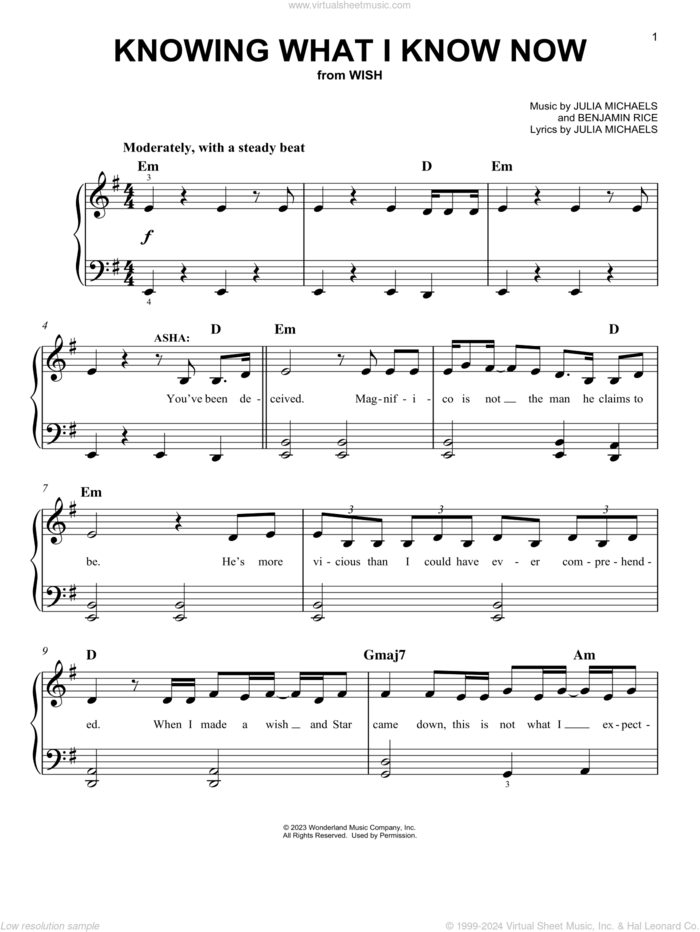 Knowing What I Know Now (from Wish) sheet music for piano solo by Ariana DeBose, Angelique Cabral and The Cast Of Wish, Benjamin Rice and Julia Michaels, easy skill level