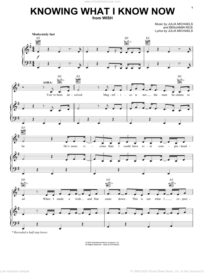 Knowing What I Know Now (from Wish) sheet music for voice, piano or guitar by Ariana DeBose, Angelique Cabral and The Cast Of Wish, Benjamin Rice and Julia Michaels, intermediate skill level