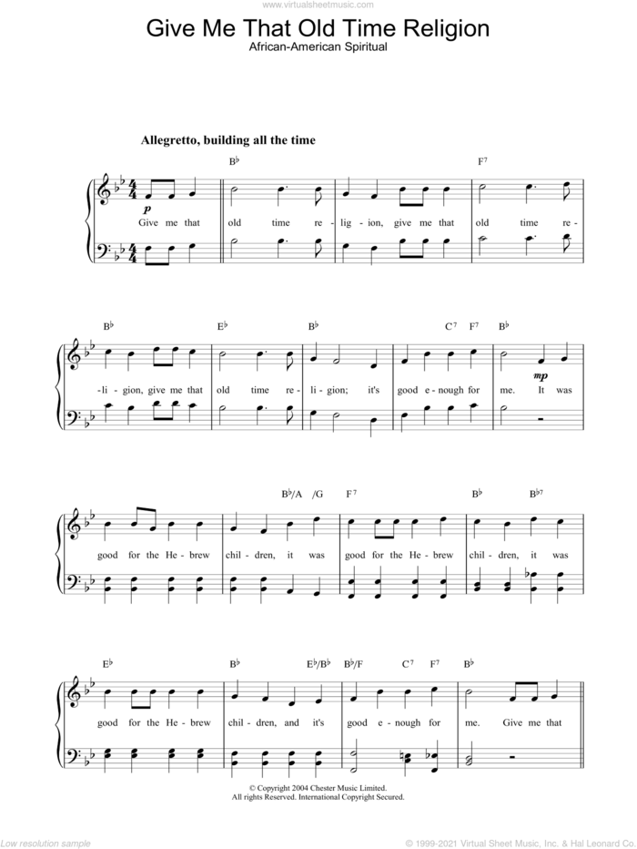 Give Me That Old Time Religion sheet music for piano solo, easy skill level