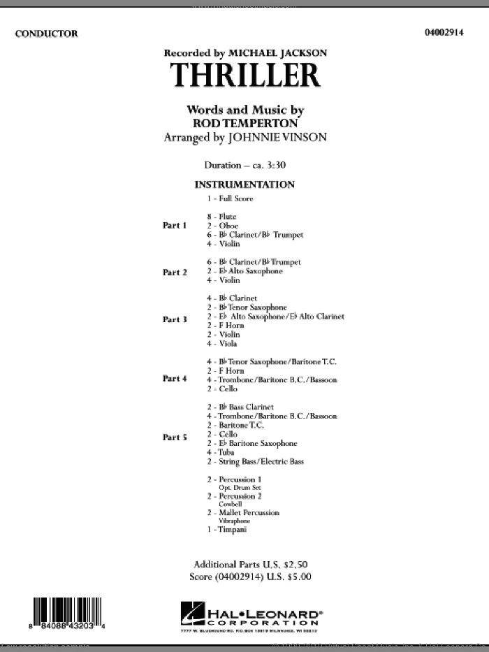 Thriller (COMPLETE) sheet music for concert band by Michael Jackson, Johnnie Vinson and Rod Temperton, intermediate skill level