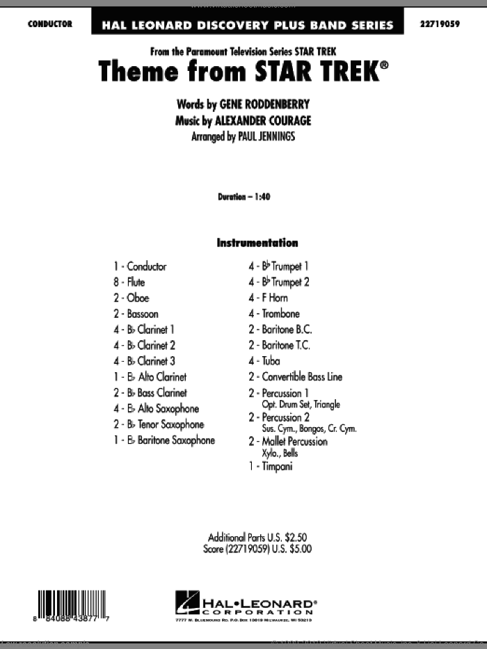 Theme from Star Trek (TV Series) (COMPLETE) sheet music for concert band by Alexander Courage, Gene Roddenberry and Paul Jennings, intermediate skill level