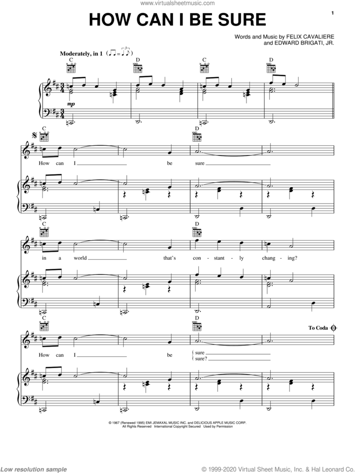 How Can I Be Sure sheet music for voice, piano or guitar by The Young Rascals, Edward Brigati, Jr. and Felix Cavaliere, intermediate skill level