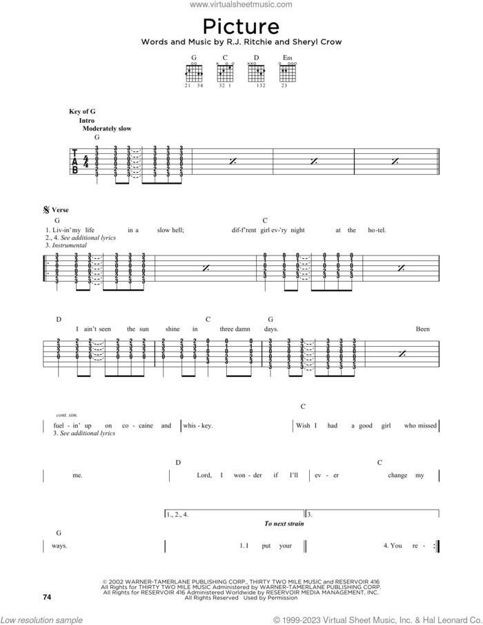 Picture (feat. Sheryl Crow) sheet music for guitar solo by Kid Rock, R.J. Ritchie and Sheryl Crow, intermediate skill level