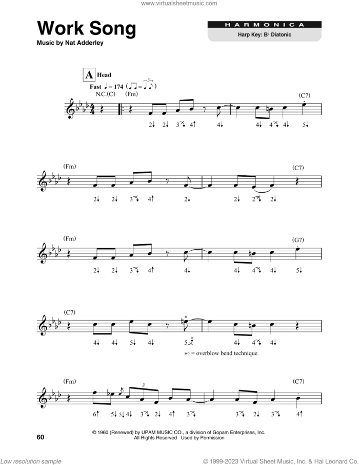 Work Song sheet music for harmonica solo by Cannonball Adderley, Nat Adderley and Oscar Brown, Jr., intermediate skill level