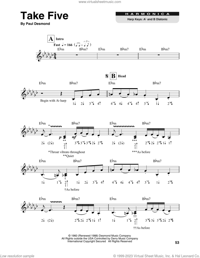 Take Five sheet music for harmonica solo by Dave Brubeck and Paul Desmond, intermediate skill level