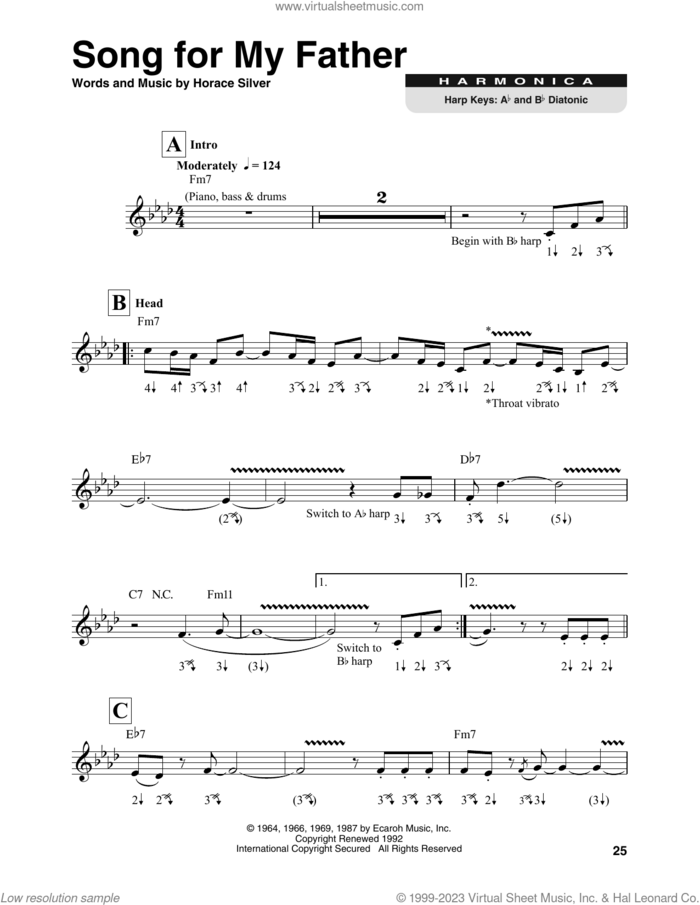 Song For My Father sheet music for harmonica solo by Horace Silver, intermediate skill level