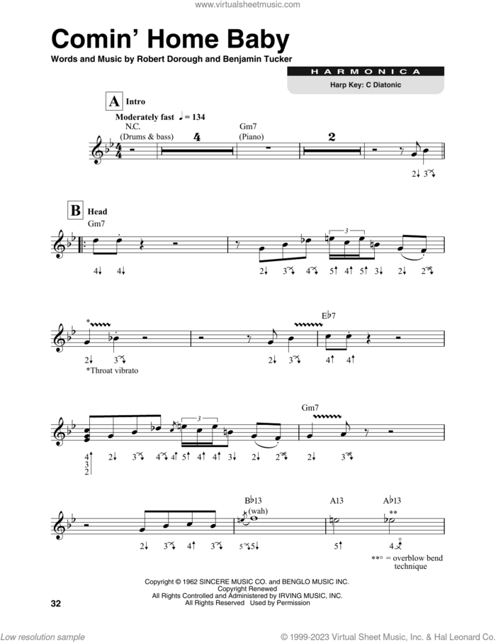 Comin' Home Baby sheet music for harmonica solo by Michael Buble, Benjamin Tucker and Bob Dorough, intermediate skill level