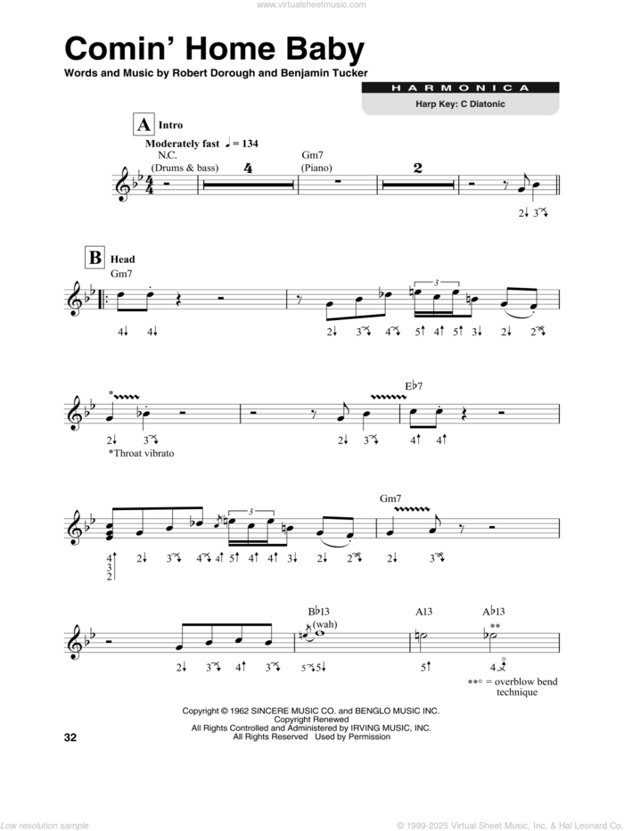 Comin' Home Baby sheet music for harmonica solo by Michael Buble, Benjamin Tucker and Bob Dorough, intermediate skill level