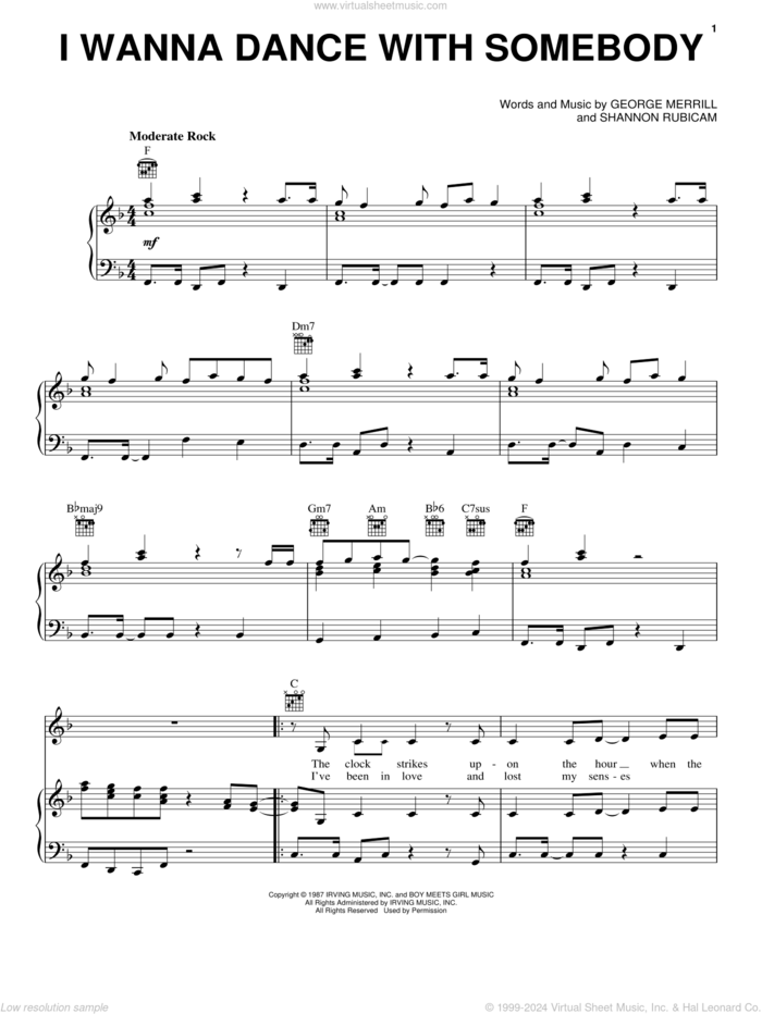 I Wanna Dance With Somebody sheet music for voice, piano or guitar by Whitney Houston, George Merrill and Shannon Rubicam, intermediate skill level