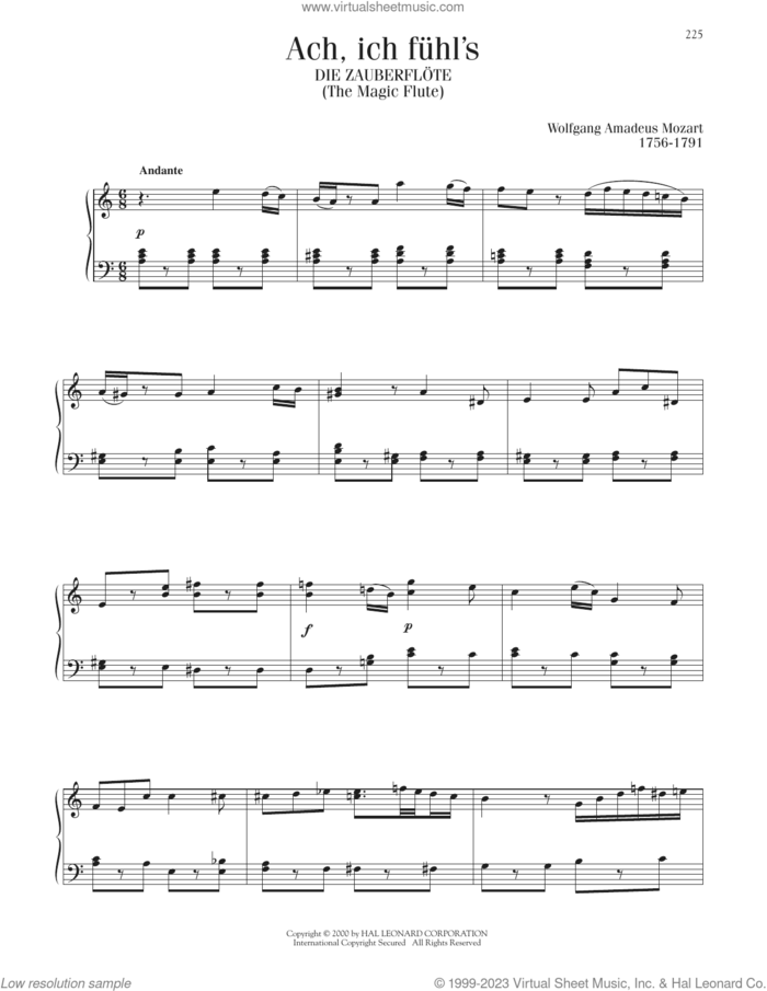 Ach, Ich Fuhl's (The Magic Flute) sheet music for piano solo by Wolfgang Amadeus Mozart, classical score, intermediate skill level