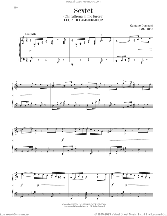 Sextet (Chi Raffrena Il Mio Furore) sheet music for piano solo by Gaetano Donizetti, classical score, intermediate skill level