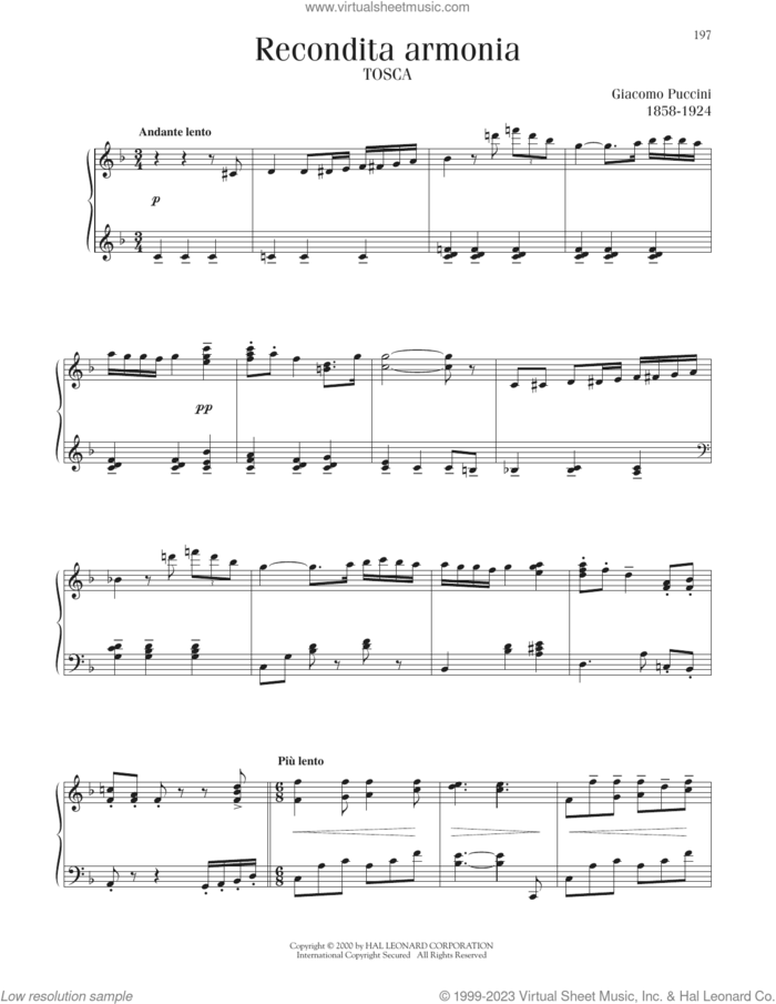Recondita Armonia, (intermediate) sheet music for piano solo by Giacomo Puccini, classical score, intermediate skill level