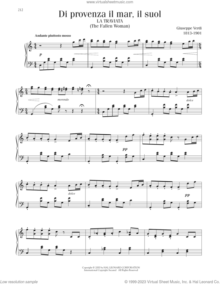 Di Provenza Il Mar, Il Suol, (intermediate) sheet music for piano solo by Giuseppe Verdi, classical score, intermediate skill level