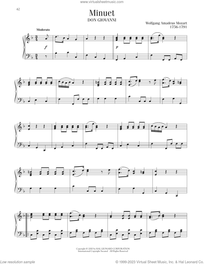 Minuet sheet music for piano solo by Wolfgang Amadeus Mozart, classical score, intermediate skill level