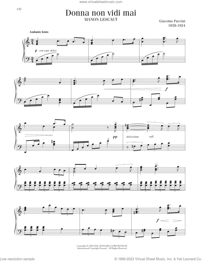 Donna Non Vidi Mai, (intermediate) sheet music for piano solo by Giacomo Puccini, classical score, intermediate skill level