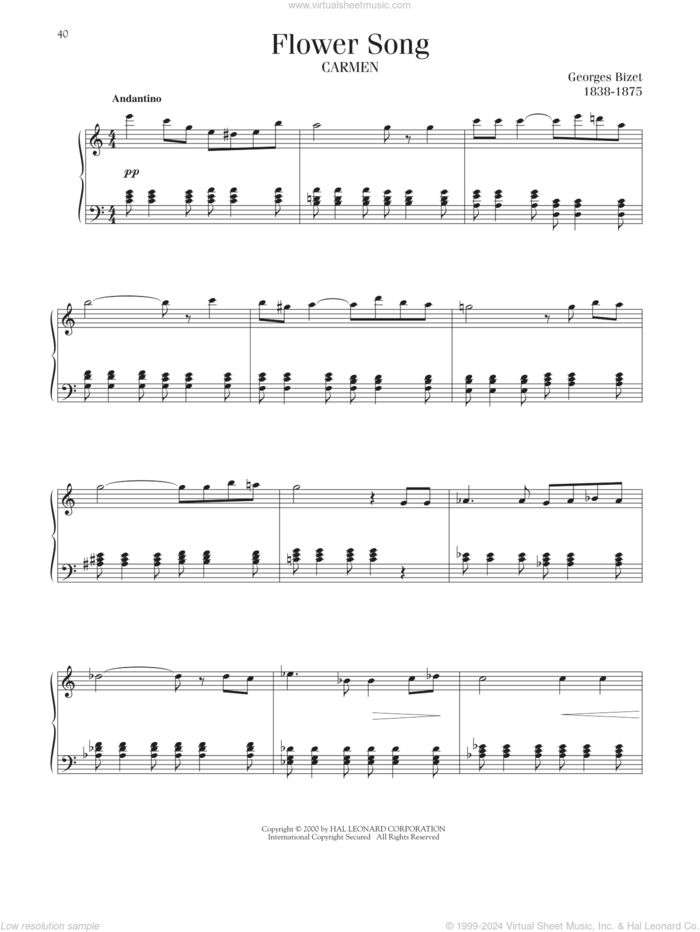 Flower Song sheet music for piano solo by Georges Bizet, classical score, intermediate skill level