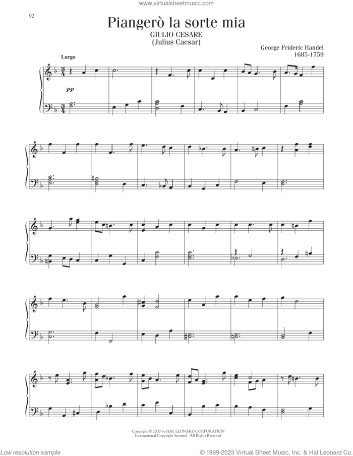 Piangero La Sorte Mia sheet music for piano solo by George Frideric Handel, classical score, intermediate skill level