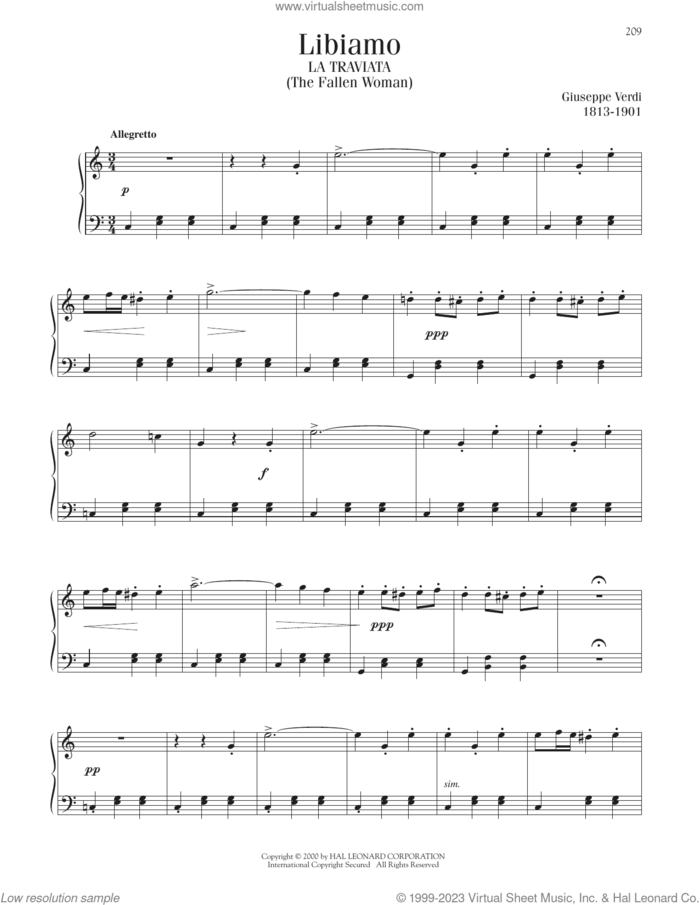 Libiamo (Brindisi) sheet music for piano solo by Giuseppe Verdi, classical score, intermediate skill level