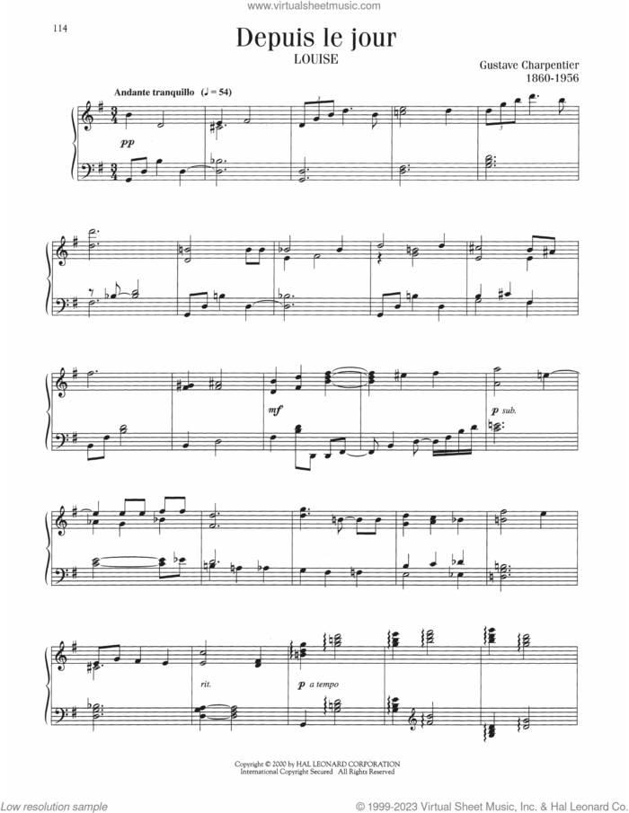 Depuis Le Jour sheet music for piano solo by Gustave Charpentier, classical score, intermediate skill level