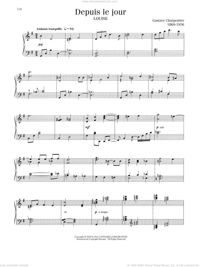 Depuis Le Jour sheet music for piano solo by Gustave Charpentier, classical score, intermediate skill level