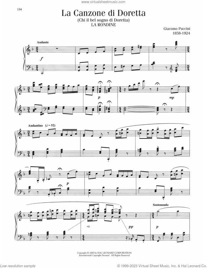 Canzone di Doretta, (intermediate) sheet music for piano solo by Giacomo Puccini, classical wedding score, intermediate skill level
