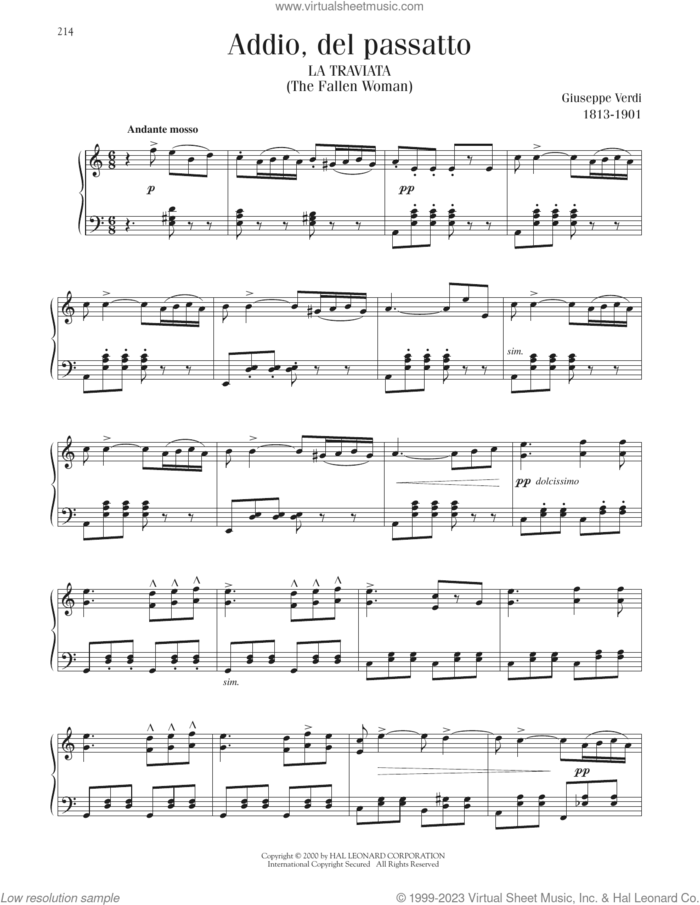 Addio, Del Passatto sheet music for piano solo by Giuseppe Verdi, classical score, intermediate skill level