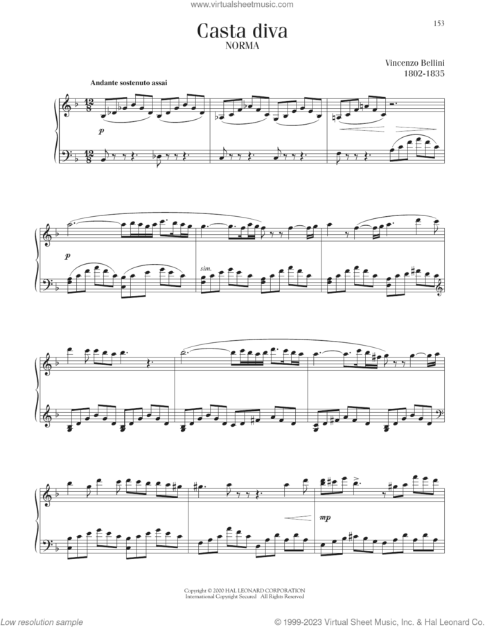 Casta Diva sheet music for piano solo by Vincenzo Bellini, classical score, intermediate skill level
