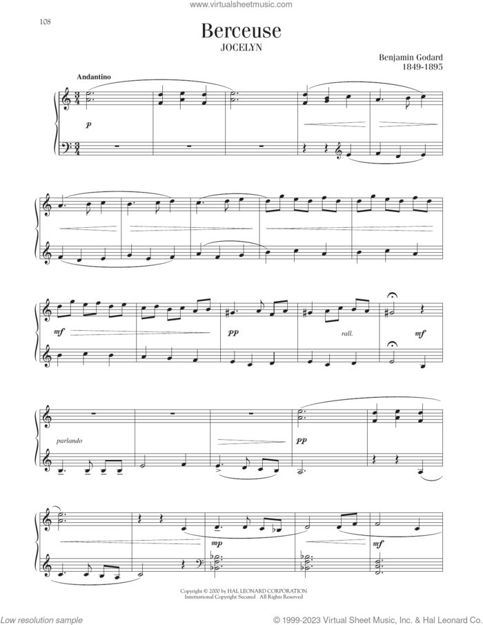 Berceuse sheet music for piano solo by Benjamin Godard, classical score, intermediate skill level