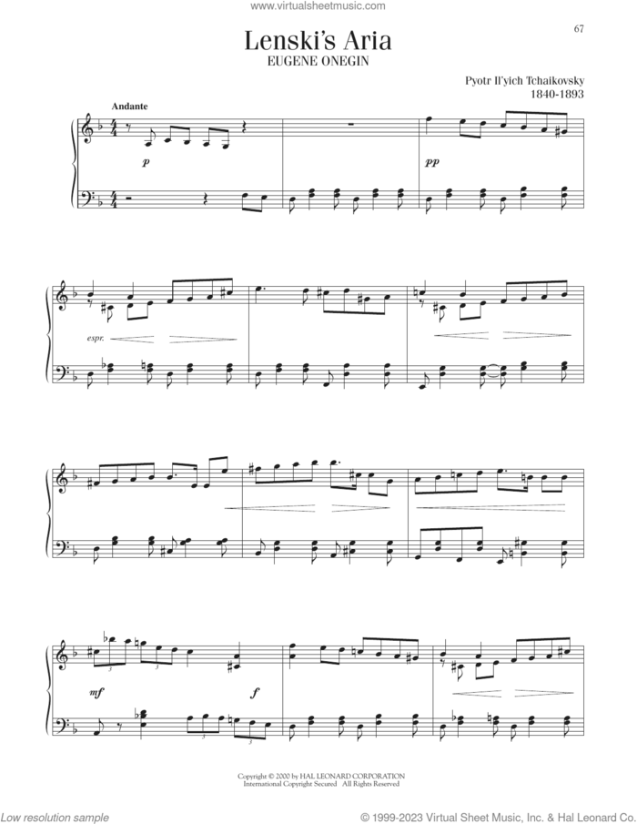 Lenski's Aria sheet music for piano solo by Pyotr Ilyich Tchaikovsky, classical score, intermediate skill level