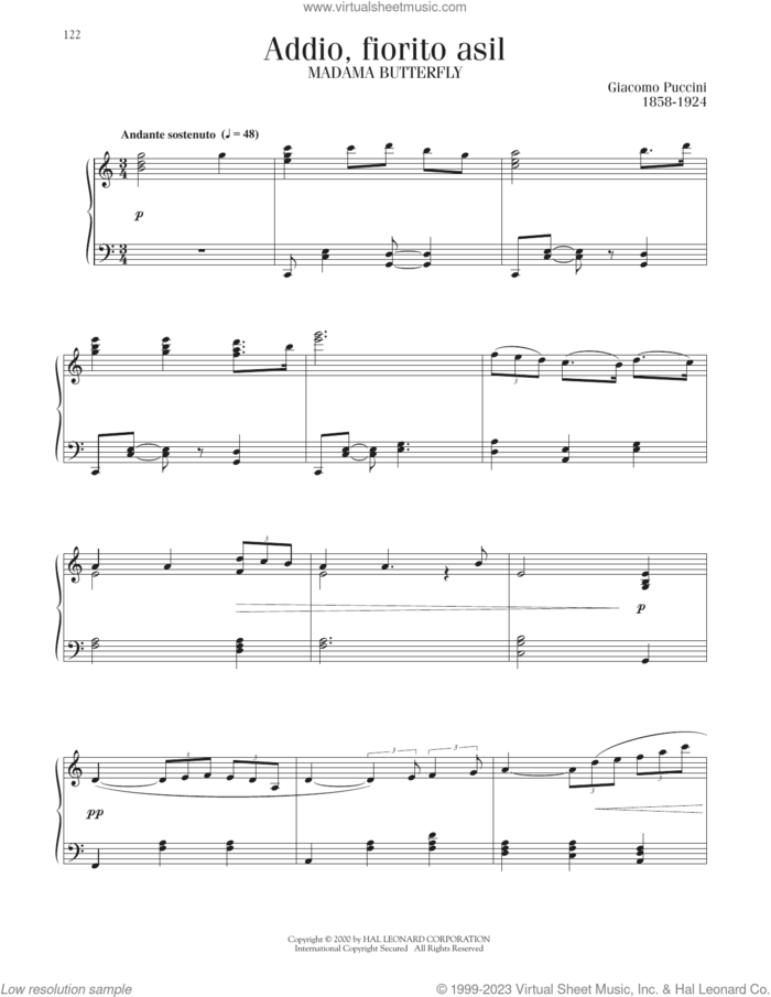 Addio, Fiorito Asil sheet music for piano solo by Giacomo Puccini, classical score, intermediate skill level