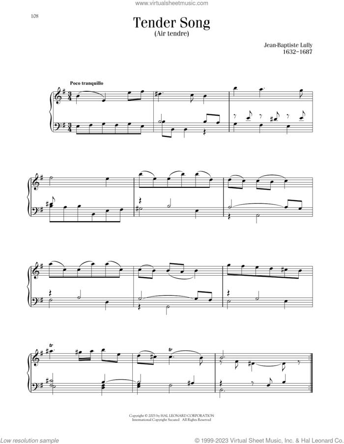 Tender Song (Air Tendre) sheet music for piano solo by Jean-Baptiste Lully, classical score, intermediate skill level