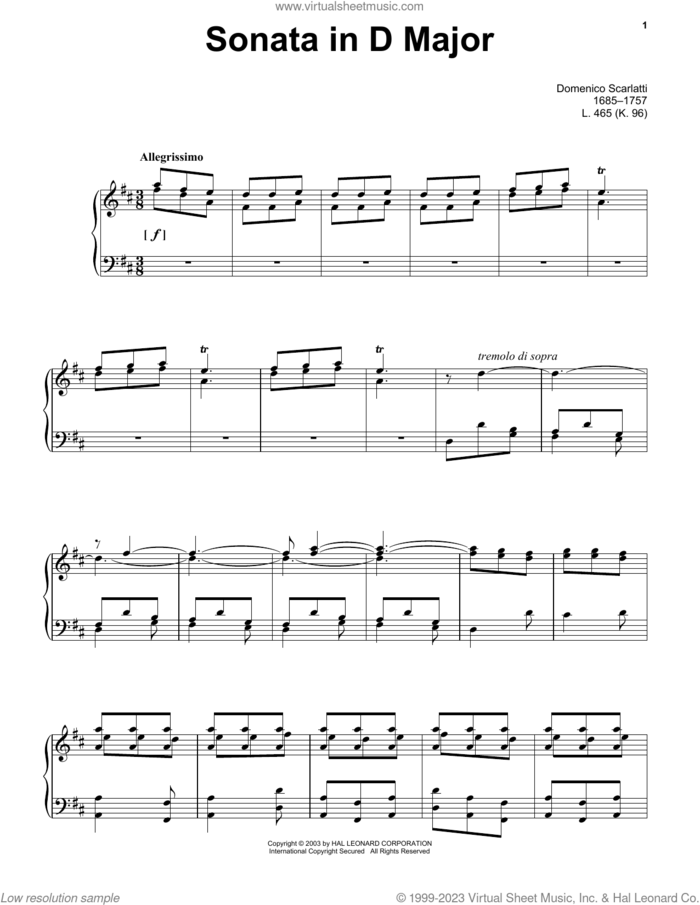 Sonata In D Major, K. 96 sheet music for piano solo by Domenico Scarlatti, classical score, intermediate skill level