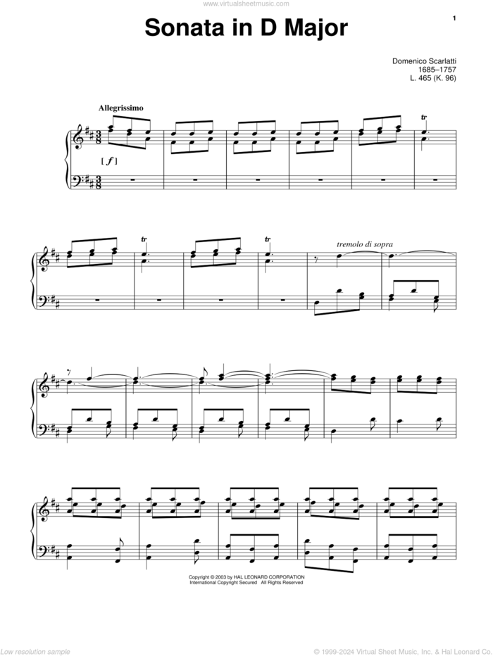 Sonata In D Major, K. 96 sheet music for piano solo by Domenico Scarlatti, classical score, intermediate skill level