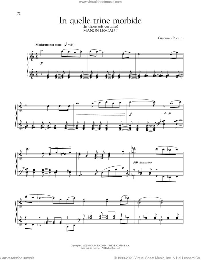 In Quelle Trine Morbide, (intermediate) sheet music for piano solo by Giacomo Puccini, classical score, intermediate skill level