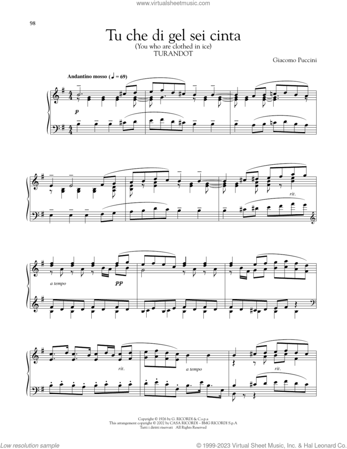 Tu Che Di Gel Sei Cinta sheet music for piano solo by Giacomo Puccini, classical score, intermediate skill level