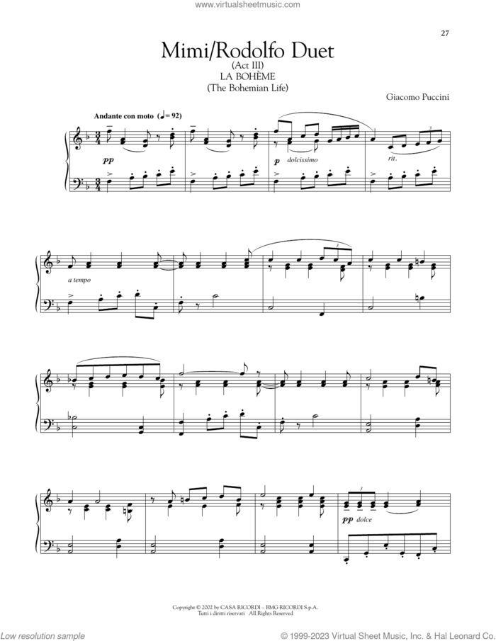 Mimi/Rodolfo Duet sheet music for piano solo by Giacomo Puccini, classical score, intermediate skill level