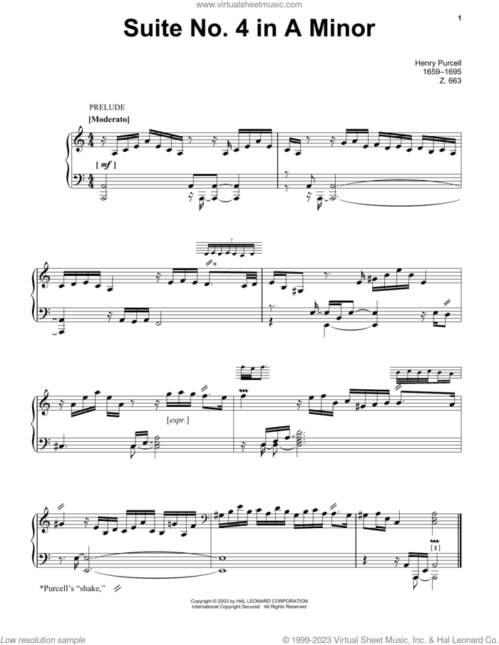 Suite No. 4 In A Minor sheet music for piano solo by Henry Purcell, classical score, intermediate skill level