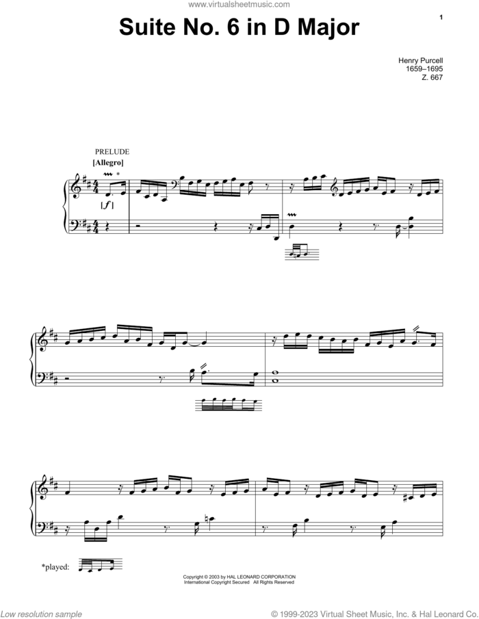 Suite No. 6 In D Major sheet music for piano solo by Henry Purcell, classical score, intermediate skill level