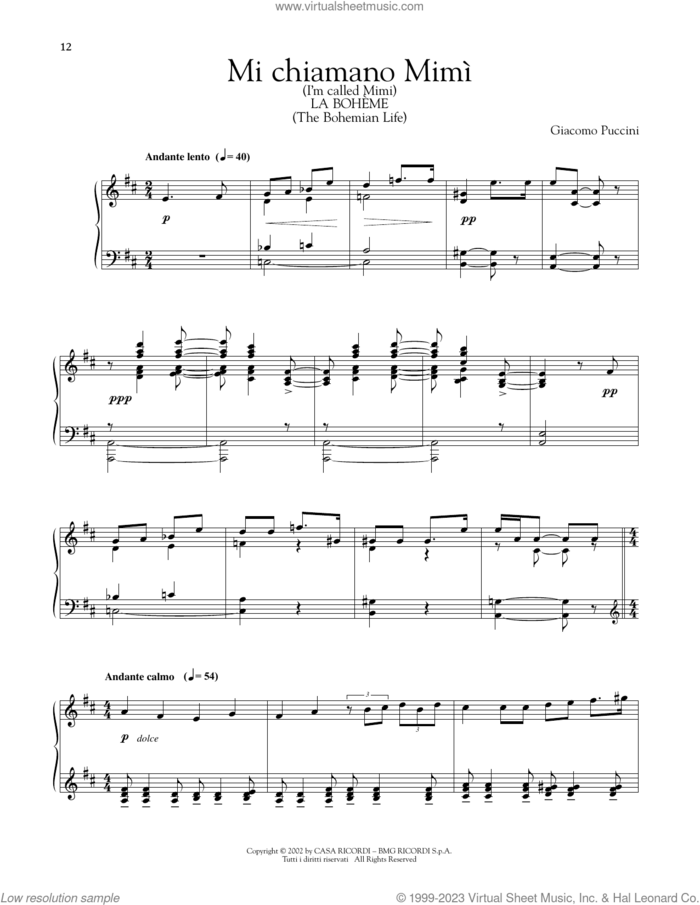 Mi Chiamano Mimi sheet music for piano solo by Giacomo Puccini, classical score, intermediate skill level
