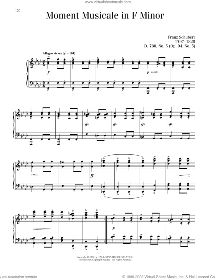 Moment Musical In F Minor, Op. 94, No. 5 sheet music for piano solo by Franz Schubert, Blake Neely and Richard Walters, classical score, intermediate skill level