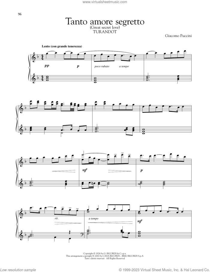 Tanto Amore Segreto sheet music for piano solo by Giacomo Puccini, classical score, intermediate skill level