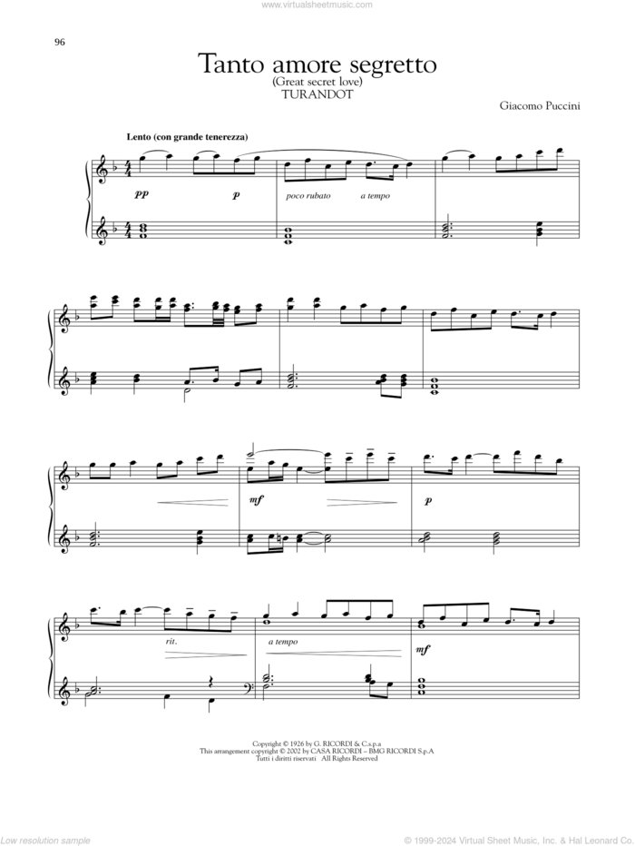 Tanto Amore Segreto sheet music for piano solo by Giacomo Puccini, classical score, intermediate skill level