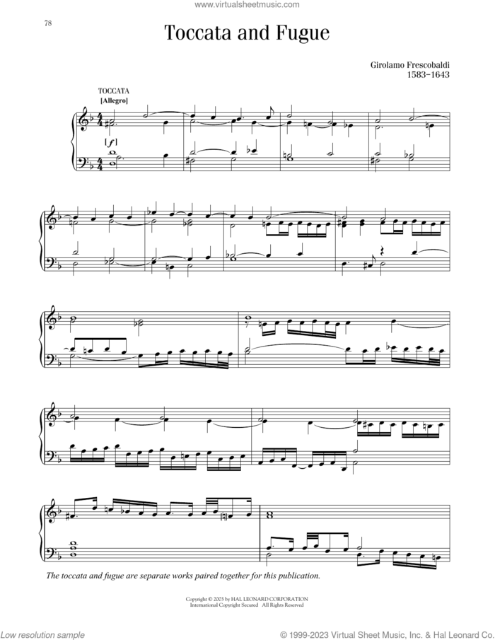 Toccata And Fugue sheet music for piano solo by Girolamo Frescobaldi, classical score, intermediate skill level