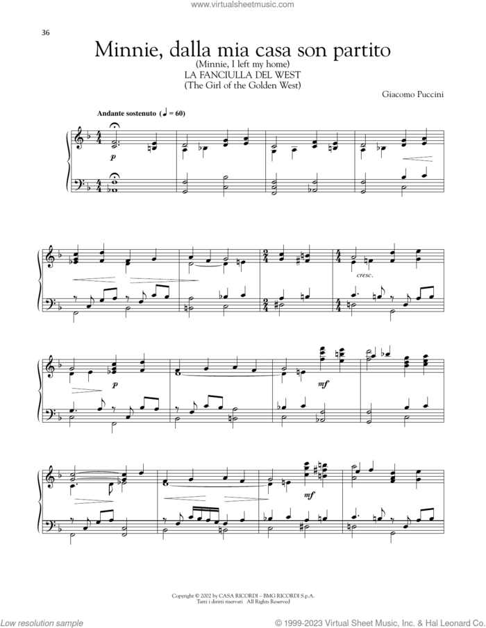 Minnie, Dalla Mia Casa Son Partito sheet music for piano solo by Giacomo Puccini, classical score, intermediate skill level