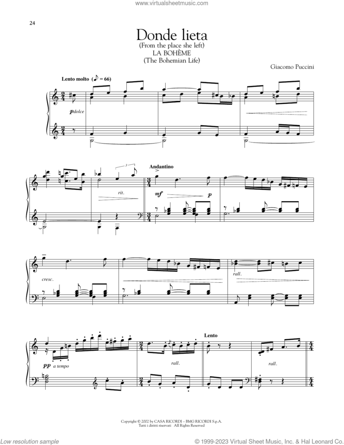Donde Lieta sheet music for piano solo by Giacomo Puccini, classical score, intermediate skill level
